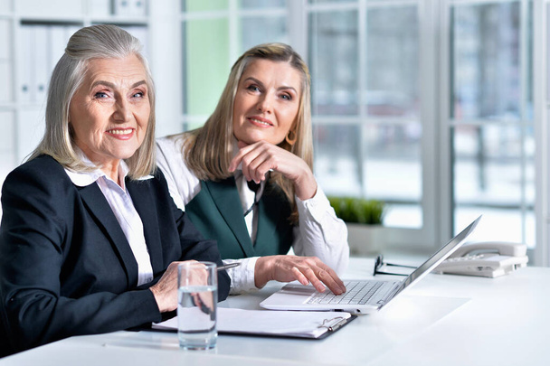 two mature businesswomen sitting at table with laptop and working together  - Fotografie, Obrázek