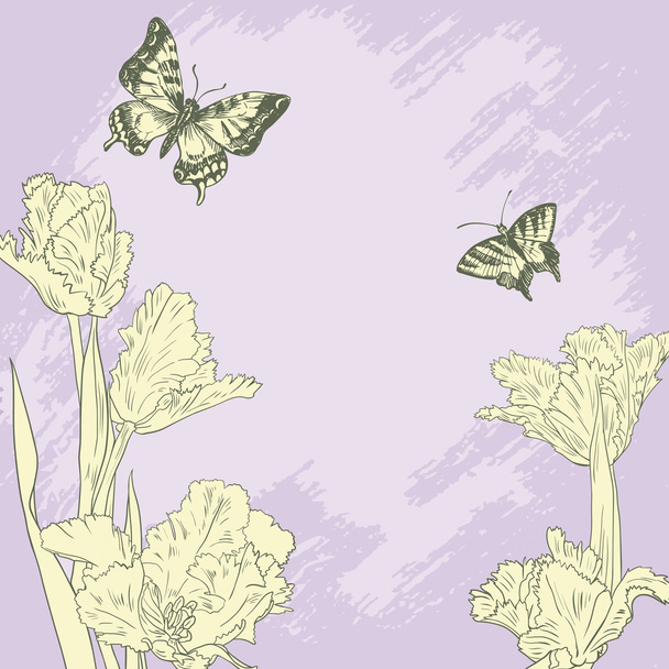 Vintage card with butterflies and tulips - Vector, Image