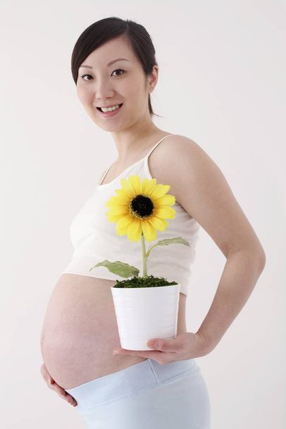 Pregnant woman holding potted plant - Foto, afbeelding