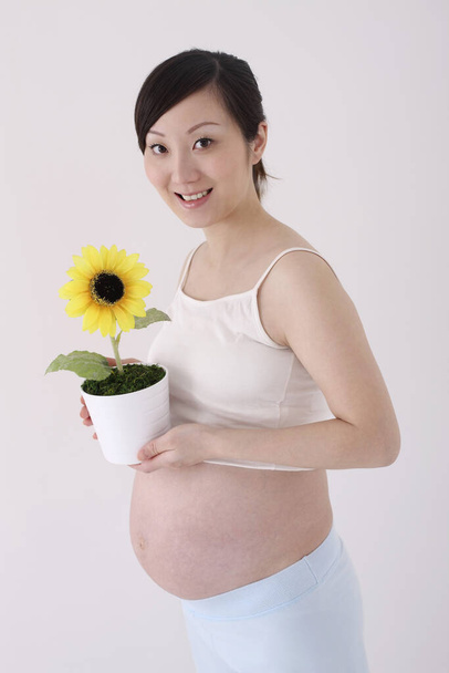 Pregnant woman holding potted plant - Фото, изображение