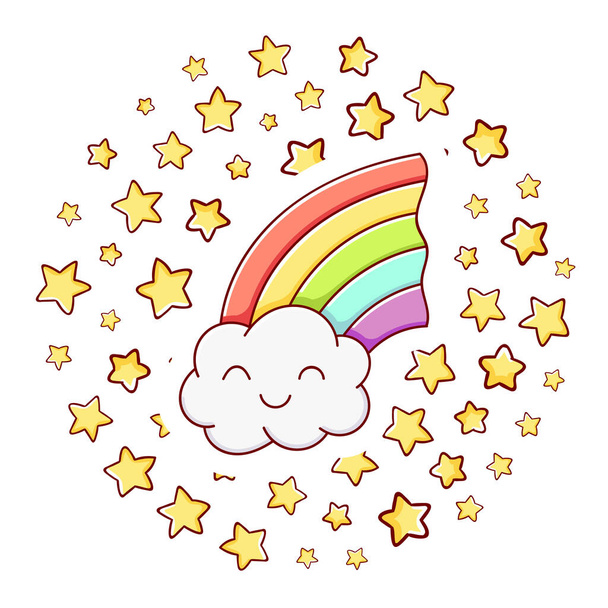 Cute kawaii hand drawn rainbow doodles, circle print, isolated on white background
 - Вектор,изображение