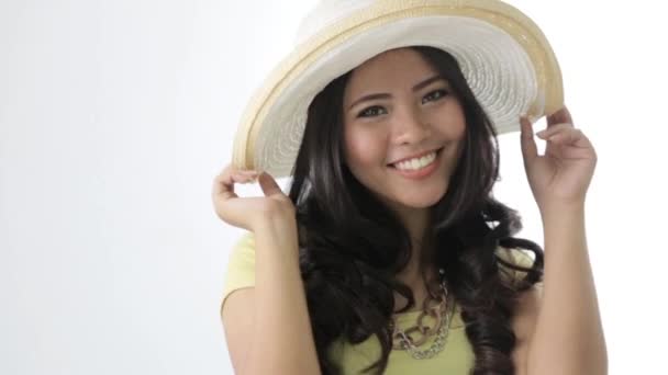 happy young woman with hat welcoming summer holiday - Materiaali, video