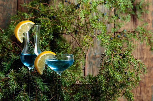 Sininen gin ja kataja oksat marjoja. Siniset ginilasit koristeltu sitruunaviipaleella
.  - Valokuva, kuva
