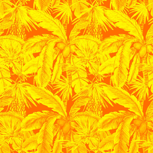 Modern tarzda palmiyeleri olan dikişsiz suluboya desen. Suluboya botanik tasarımı. Tropik renk baskısı. Egzotik tropik palmiye ağacı. Egzotik orman duvar kağıdı. Her amaç için harika bir tasarım. - Fotoğraf, Görsel