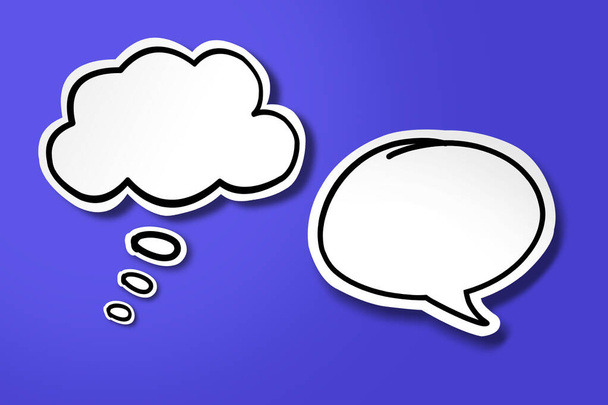 White paper cut speech bubble and think bubble on blue background. - Photo, Image
