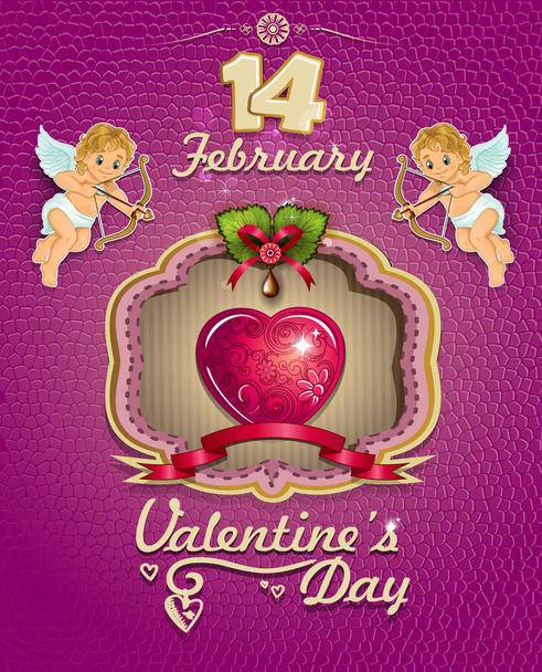 αφίσα Αγίου Βαλεντίνου καρδιά διακοσμημένα και ερωτιδείς - Διάνυσμα, εικόνα
