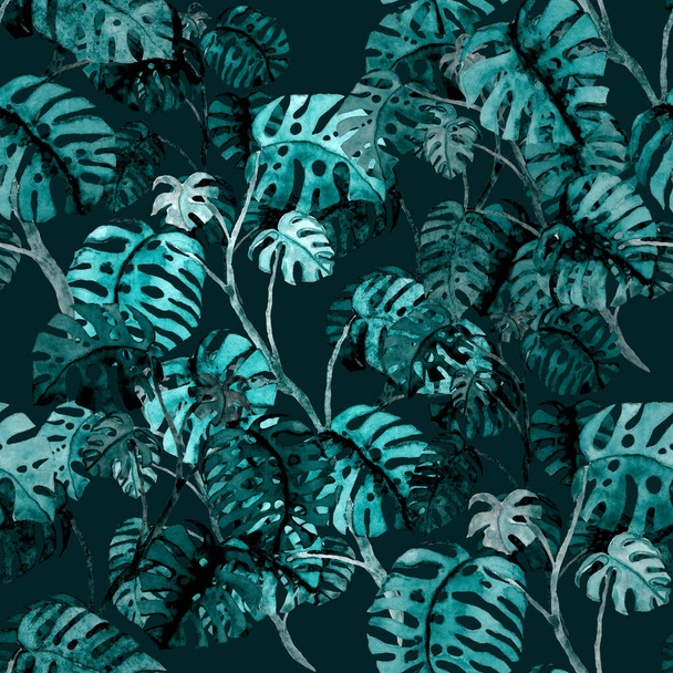 Watercolor seamless pattern with palms in modern style. Watercolor botanical design. Tropical color print. Exotic tropical palm tree. Exotic jungle wallpaper. Great design for any purposes. - Fotoğraf, Görsel
