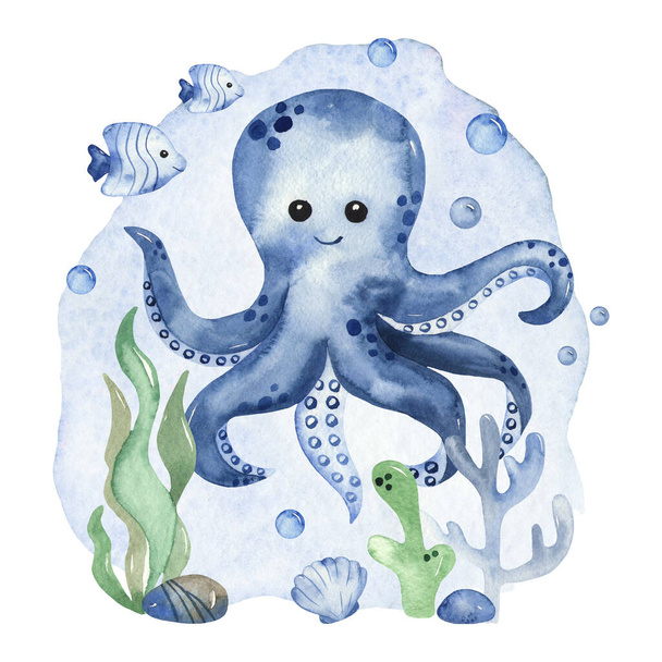 Octopus, fish, shell, coral, seaweed. Watercolor children's composition - Fotó, kép