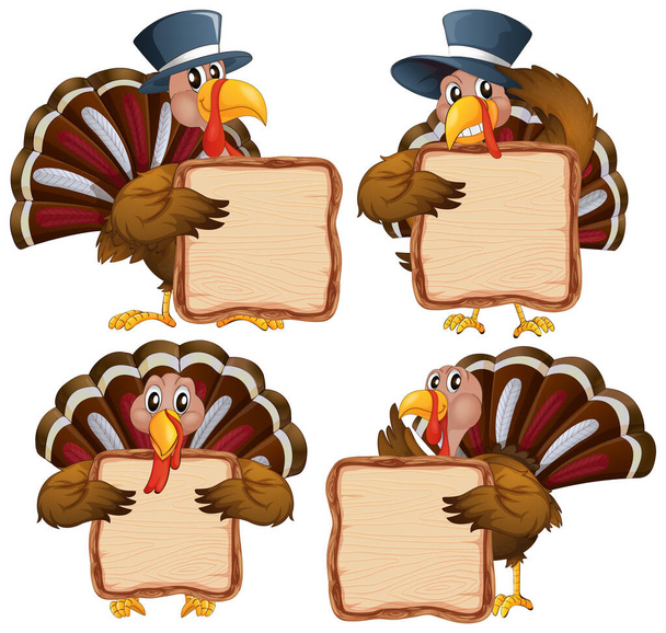 Board template with cute turkeys on white background illustration - Vector, Image