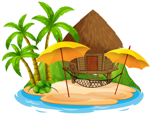 Escena con cabaña en la playa sobre fondo blanco ilustración
 - Vector, imagen