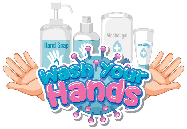 Font design for word wash your hands with soap and clean hands illustration - Vector, Image