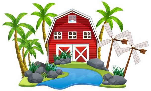 Scène avec grange rouge et moulins à vent sur fond blanc illustration
 - Vecteur, image