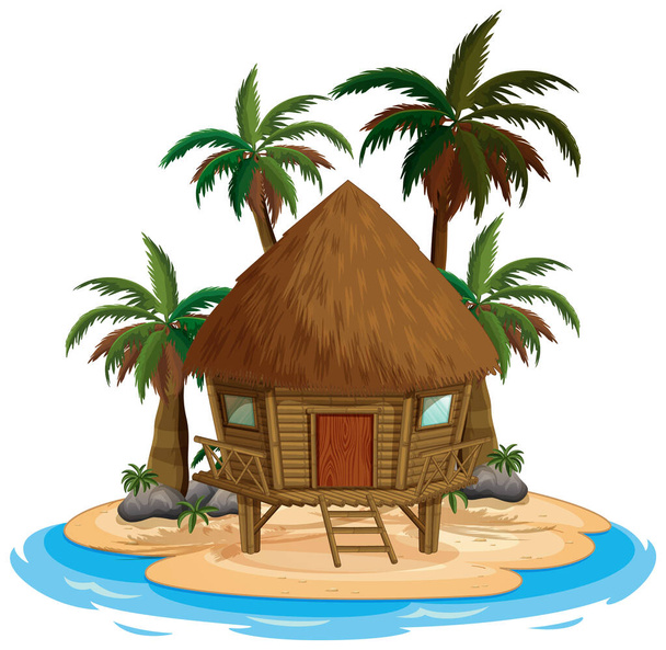 Cena com casa de madeira na praia sobre fundo branco ilustração
 - Vetor, Imagem