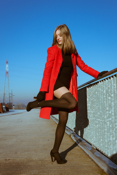 Beautiful girl posing with red coat - Foto, Imagem