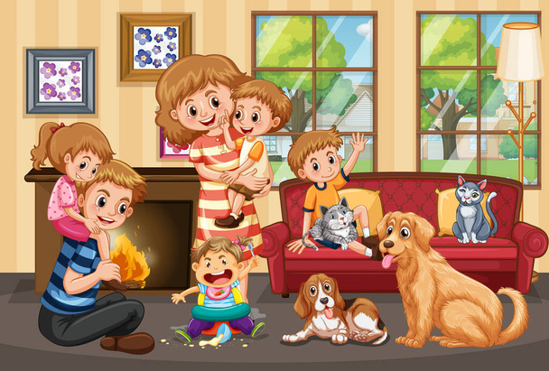 Scène avec des personnes restant à la maison avec illustration de famille - Vecteur, image