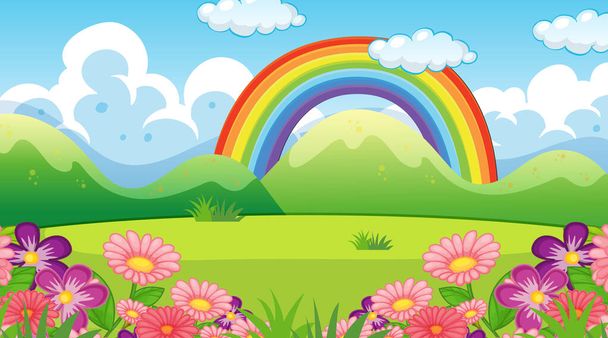 Naturszene Hintergrund mit Regenbogen und Blumen im Garten Illustration - Vektor, Bild