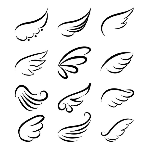 Lovely angel wings set - beautiful tattoo drawing. freehand design, ink, logo, elementris or greeting card. Modern vector art. Symbol set. - Vector, Image