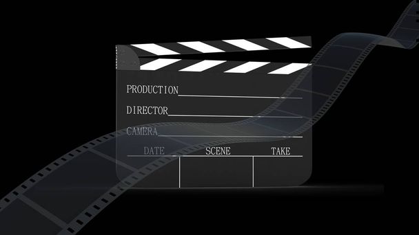 Η 3d απόδοση της ταινίας ταινιών και πλακέτας Clapper που απομονώνονται με μαύρο - Φωτογραφία, εικόνα