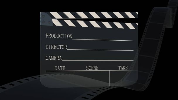 黒で隔離されたフィルムストリップとクラッパーボードの3Dレンダリング - 写真・画像