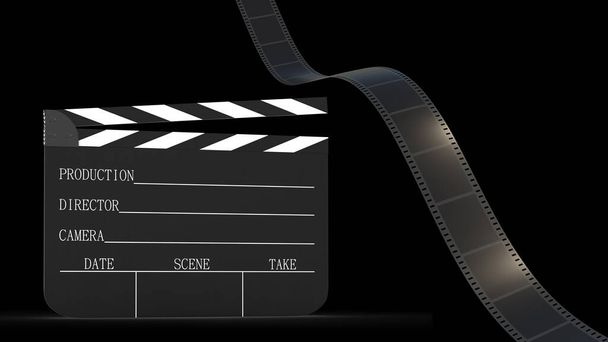 黒で隔離されたフィルムストリップとクラッパーボードの3Dレンダリング - 写真・画像