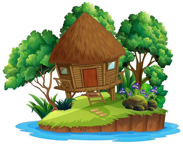 Деревянный коттедж на островной иллюстрации
 - Вектор,изображение