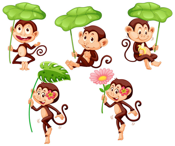 Σύνολο χαριτωμένο μαϊμού με πράσινο φύλλο σε λευκό φόντο εικονογράφηση - Διάνυσμα, εικόνα