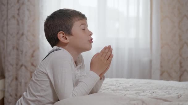 gelovige jongen, met hoop in zijn hart en met gevouwen armen bidt tot God - Video