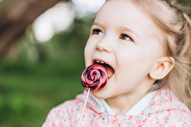 little 3-year-old girl licks a colored swirling candy on a walk in the park on a rainy summer day - Foto, imagen