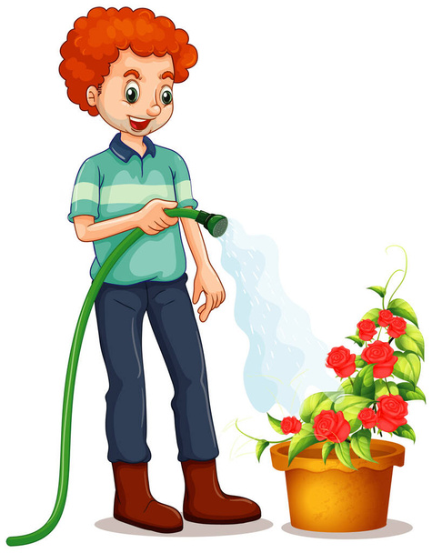 Man watering the roses in the garden illustration - Vector, Image