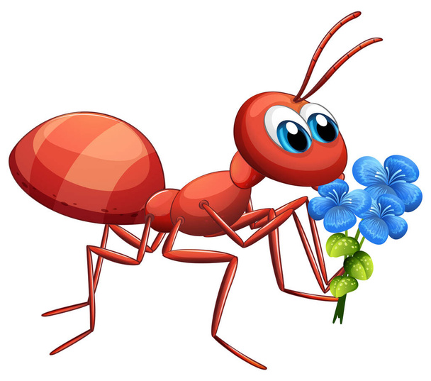 Mignon personnage de bande dessinée fourmi tenant fleur bleue sur fond blanc illustration
 - Vecteur, image
