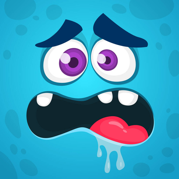 Cartoon scary monster face. Vector Halloween blue zombie monster square avatar - Vector, Image