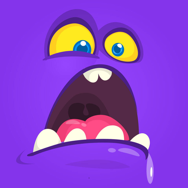 Mad cartoon monster face with mouth opened. Vector Halloween purple monster screaming - Vector, Image