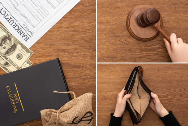 collage of money, bankruptcy paper and law book, female hands with gavel and empty wallet on wooden background - Photo, Image