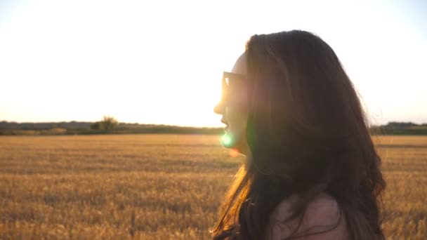Piękna dziewczyna spaceru wzdłuż pola pszenicy z pochodni słońce tło. Profil młoda kobieta wybiera się na łące, o zachodzie słońca. Letni wypoczynek o koncepcji natury. Widok z boku z bliska zwolnionym tempie - Materiał filmowy, wideo