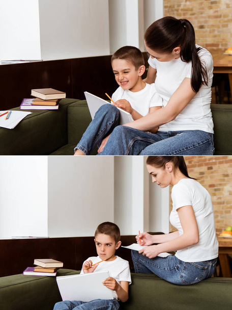 Collage of mother sitting near pensive and cheerful son while drawing on couch  - Фото, изображение