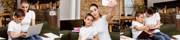 Kollaasi äidin ja pojan kannettavan tietokoneen avulla, kirjojen lukeminen ja selfien ottaminen älypuhelimella kotona
  - Valokuva, kuva