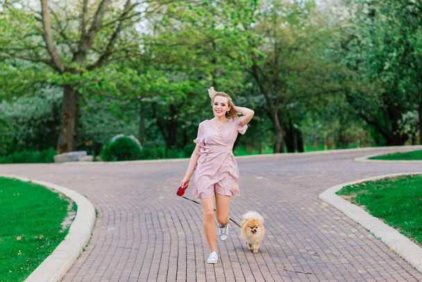 Portrét mladé okouzlující ženy v růžových šatech drží její roztomilé pomeranian spitz na rukou. . Přátelství mezi psy a lidmi. - Fotografie, Obrázek