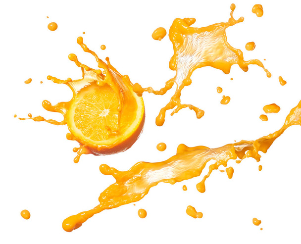 orange juice splashing with its fruit isolated on white - Fotografie, Obrázek