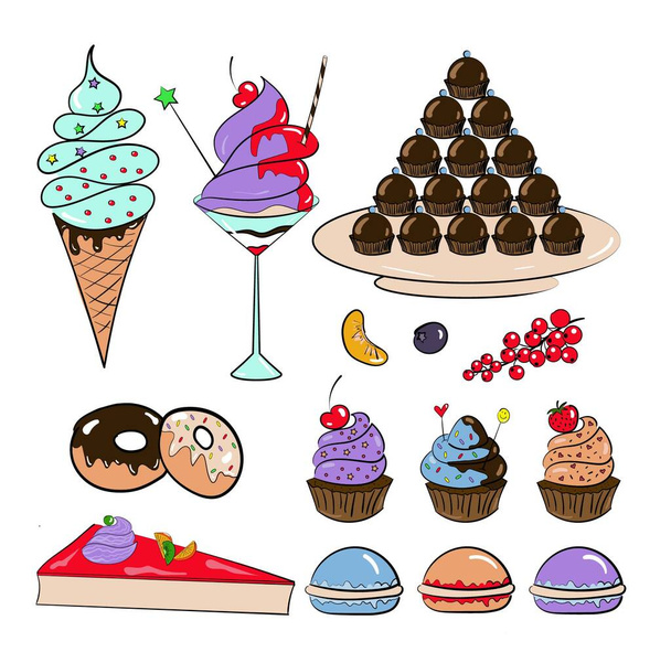 Set von Desserts in leuchtenden Farben im Cartoon-Stil - Vektor, Bild