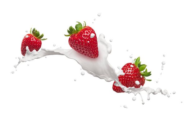 milk splash with strawberries isolated on white - Valokuva, kuva