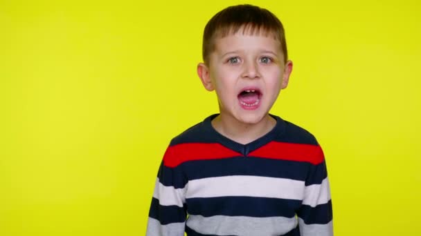 Kisgyerek fiú sikoltozik a sárga háttér másolási hely - Felvétel, videó