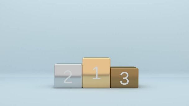 Νικητής βάθρου βαθμού 1, 2 και 3 με έννοια του χρυσού, αργύρου και ορείχαλκου. 3D εικονογράφηση - Φωτογραφία, εικόνα