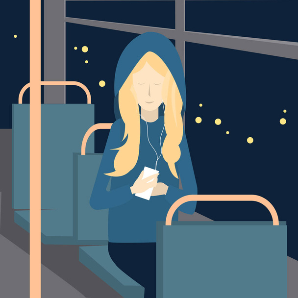 Young beautiful woman using her mobile phone on a bus. Vector illustration - Vector, Image