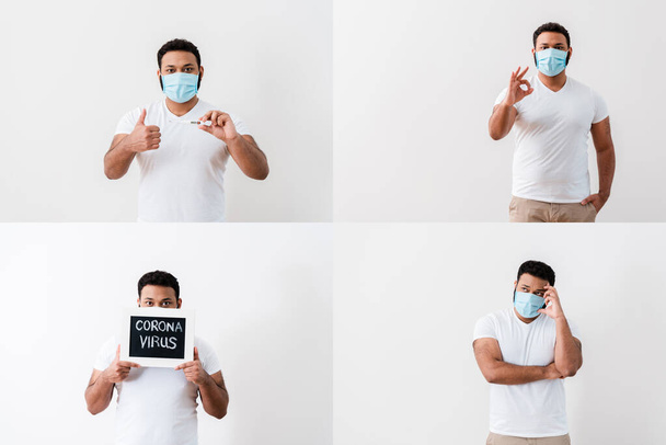 collage of african american man in medical masks showing thumb up, ok sign, holding chalkboard with coronavirus lettering and digital thermometer  - Photo, Image