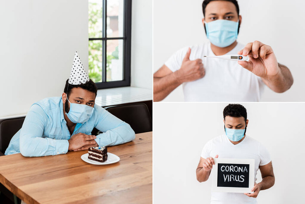 collage de l'homme afro-américain dans des masques médicaux tenant tableau noir avec lettrage coronavirus et thermomètre numérique, montrant pouce levé et assis près du gâteau d'anniversaire
  - Photo, image