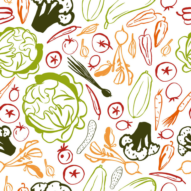 Handgezeichnetes Gemüse auf weißem Hintergrund. Nahtloses Vektormuster - Vektor, Bild