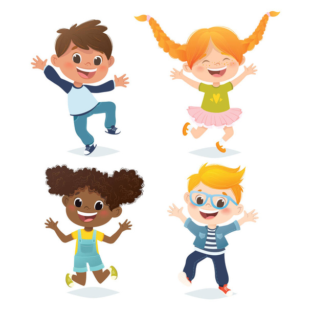 Multiracionális gyerekek vektorkészlete ugrál és nevet. Rajzfilm karakter design, elszigetelt fehér háttér. - Vektor, kép