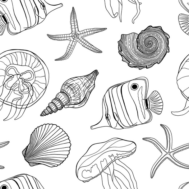 Ryby tropikalne, muszla morska, meduzy i rozgwiazdy wektor bezszwowy wzór. Ręcznie rysowane podwodne ilustracje. Zarys czarno-białego egzotycznego życia morskiego. Motyl rysunkowy i muszle - Wektor, obraz