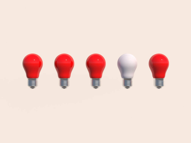 Piense en un concepto diferente Una bombilla blanca que sobresale de las bombillas rojas sobre un fondo de pared blanco con individual
 - Foto, Imagen