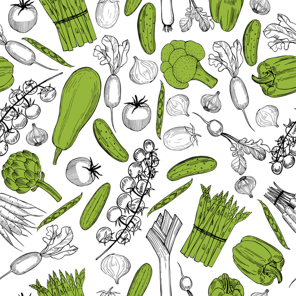 白地に手描き野菜とベクトルシームレスパターン.  - ベクター画像